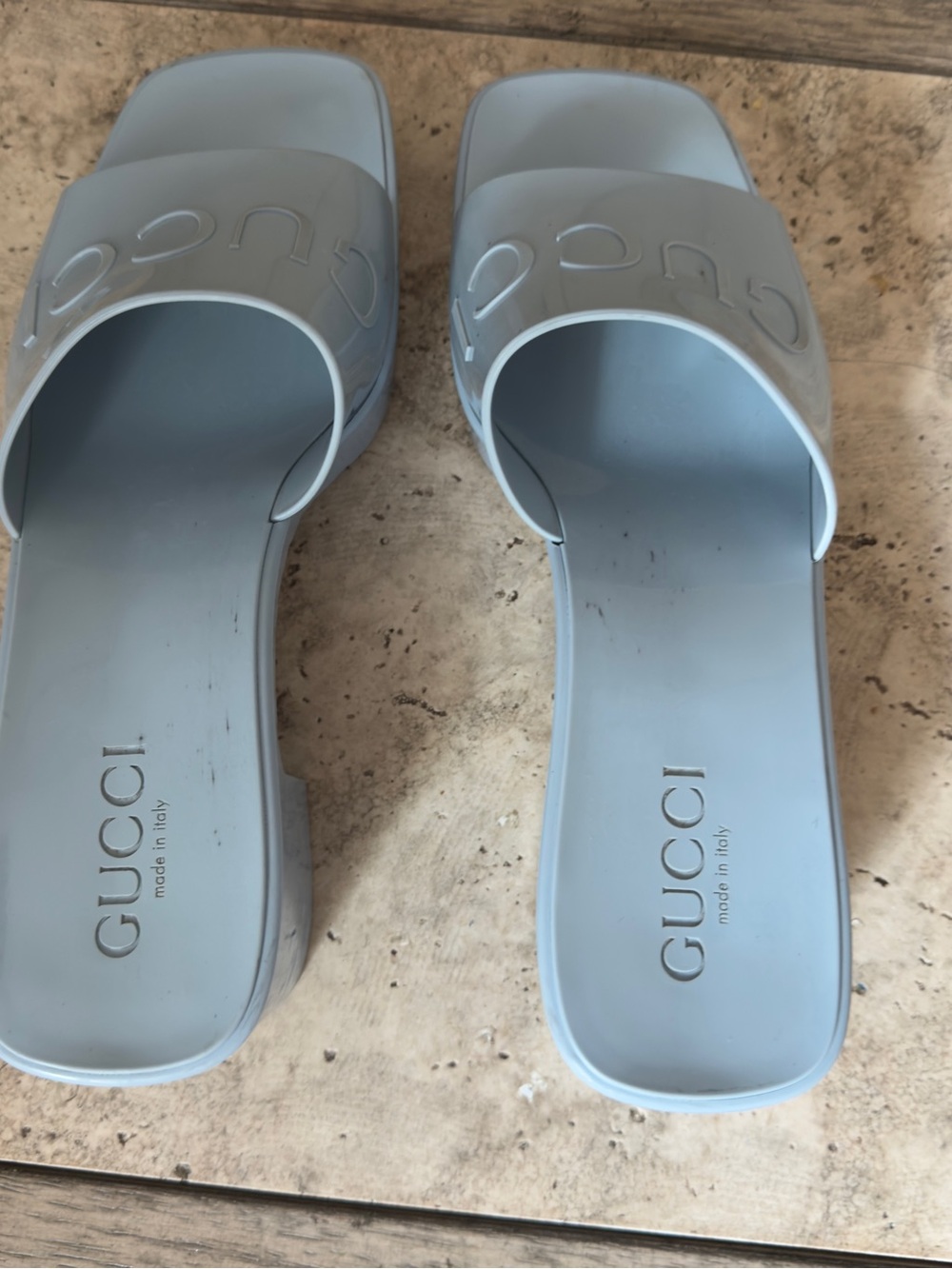 Gucci Light Blue Patent Logo Slide Mules - Picture 3 of 6